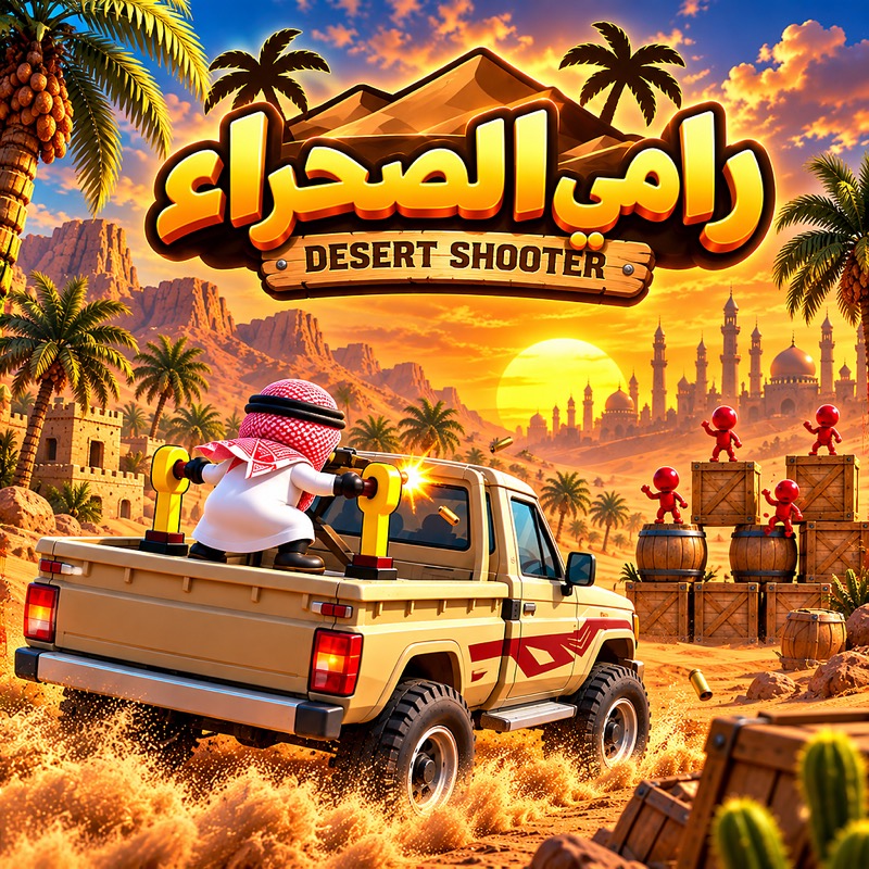Rami Al Sahra key art: a player in a red-checked shemagh fires a slingshot from the back of a desert pickup at red enemies on stacked crates, under a golden desert sunset.