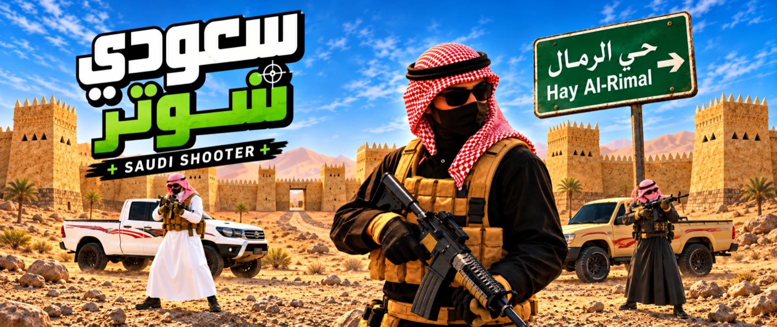 Saudi Shooter key art: fighters in thobes and shemaghs with pickups in front of a mud-brick desert town under a blue sky.
